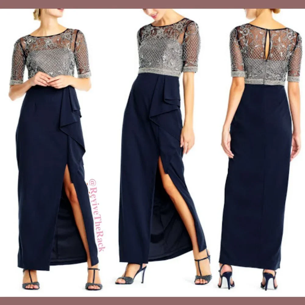 NEW Adrianna Papell Beaded Cascading Ruffle Gown in Midnight Blue [ SZ 4 ]‎